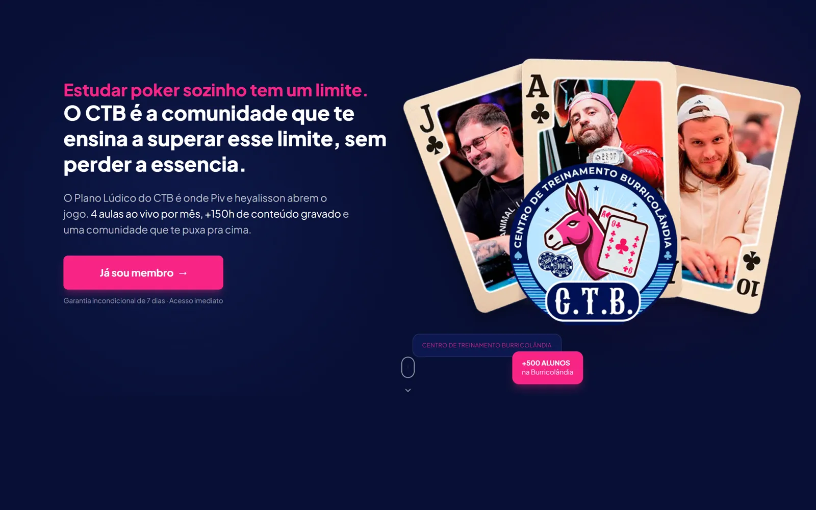 Página inicial da CT Burricolandia: cartas de baralho com os instrutores e o selo C.T.B. ao lado da chamada da comunidade de poker